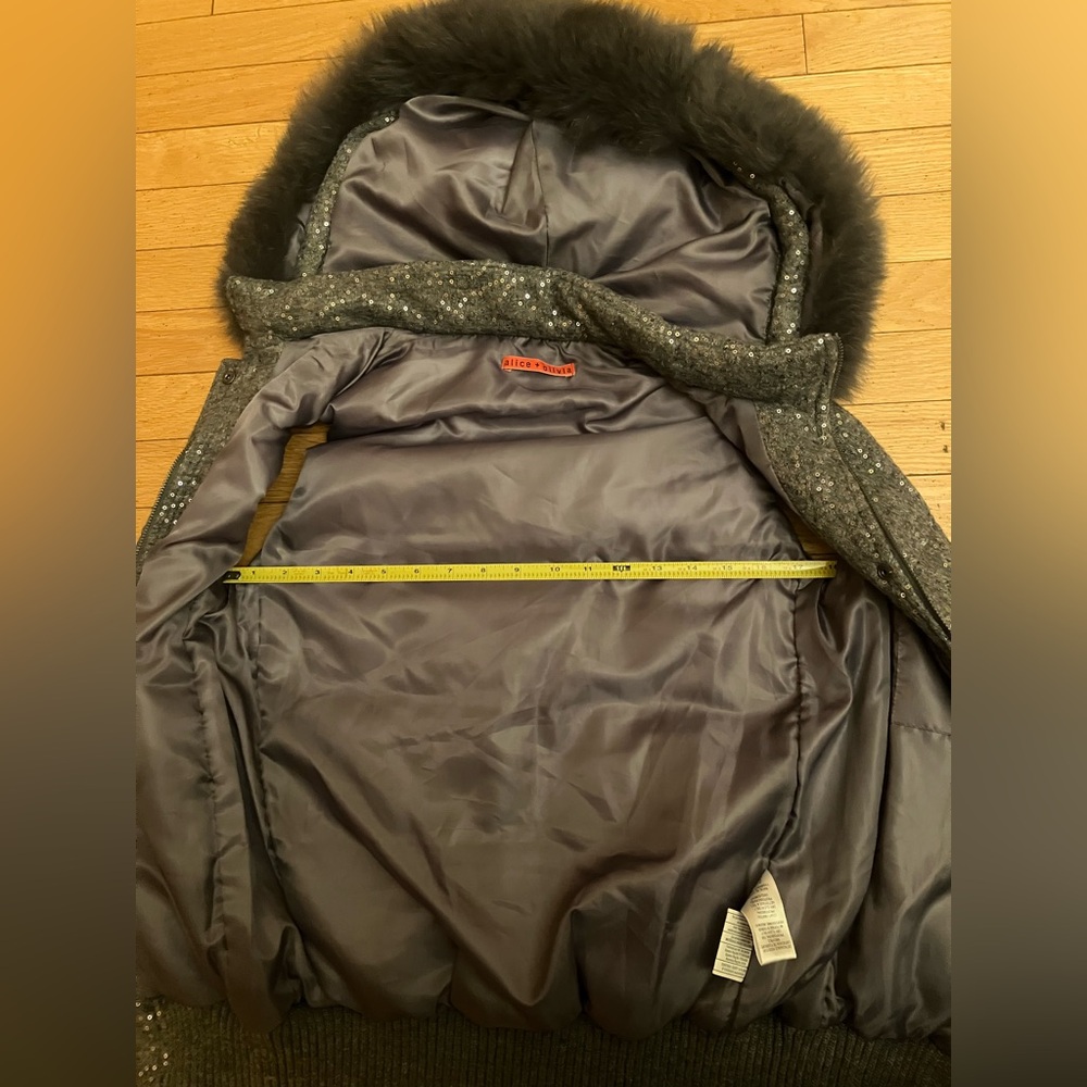 Alice + Olivia Metallic Gray Wool Sequin Fox Fur Puffer Vest - Picture 8 of 9